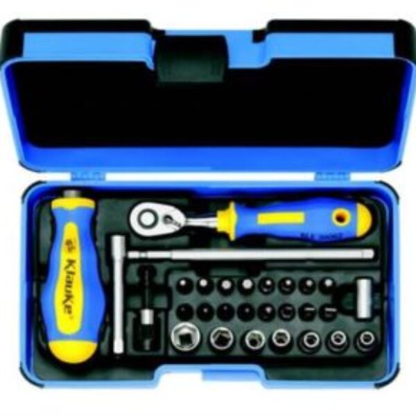 A set of boxes and bits including a ratchet wrench and a screwdriver head model KL361 Klauke